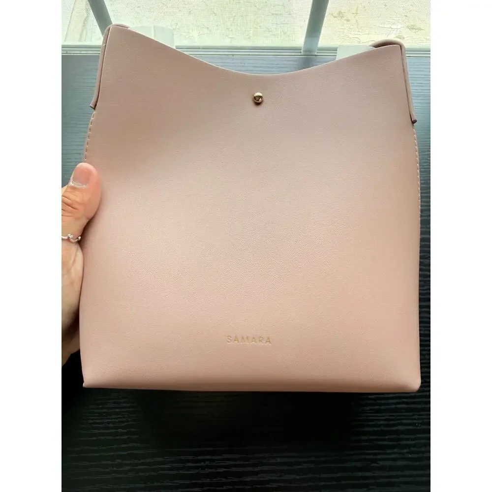 Samara Pink Vegan Leather Crossbody Bag Minimalist Bucket Purse Adjustable Strap